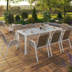 Salon de jardin blanc et beige table 190 cm et 8 chaises empilables
