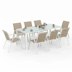 Salon de jardin blanc et beige table 190 cm et 8 chaises empilables