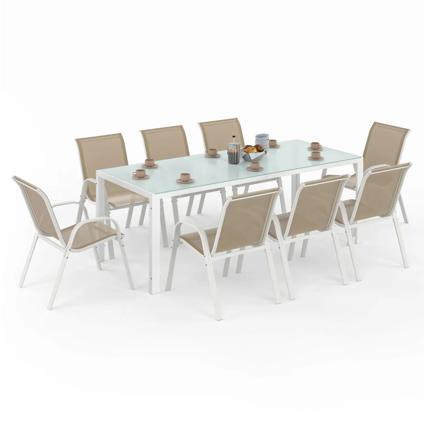 Salon de jardin blanc et beige table 190 cm et 8 chaises empilables