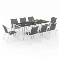 Salon de jardin blanc et gris avec 8 chaises empilables