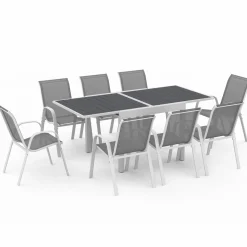 Salon de jardin blanc et gris avec table extensible + 8 chaises