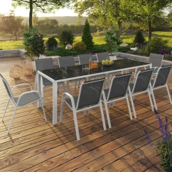 Salon de jardin blanc et gris avec chaises empilables