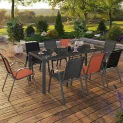 Salon de jardin 8 chaises empilables mix color gris, noir et terracotta et table 190 cm