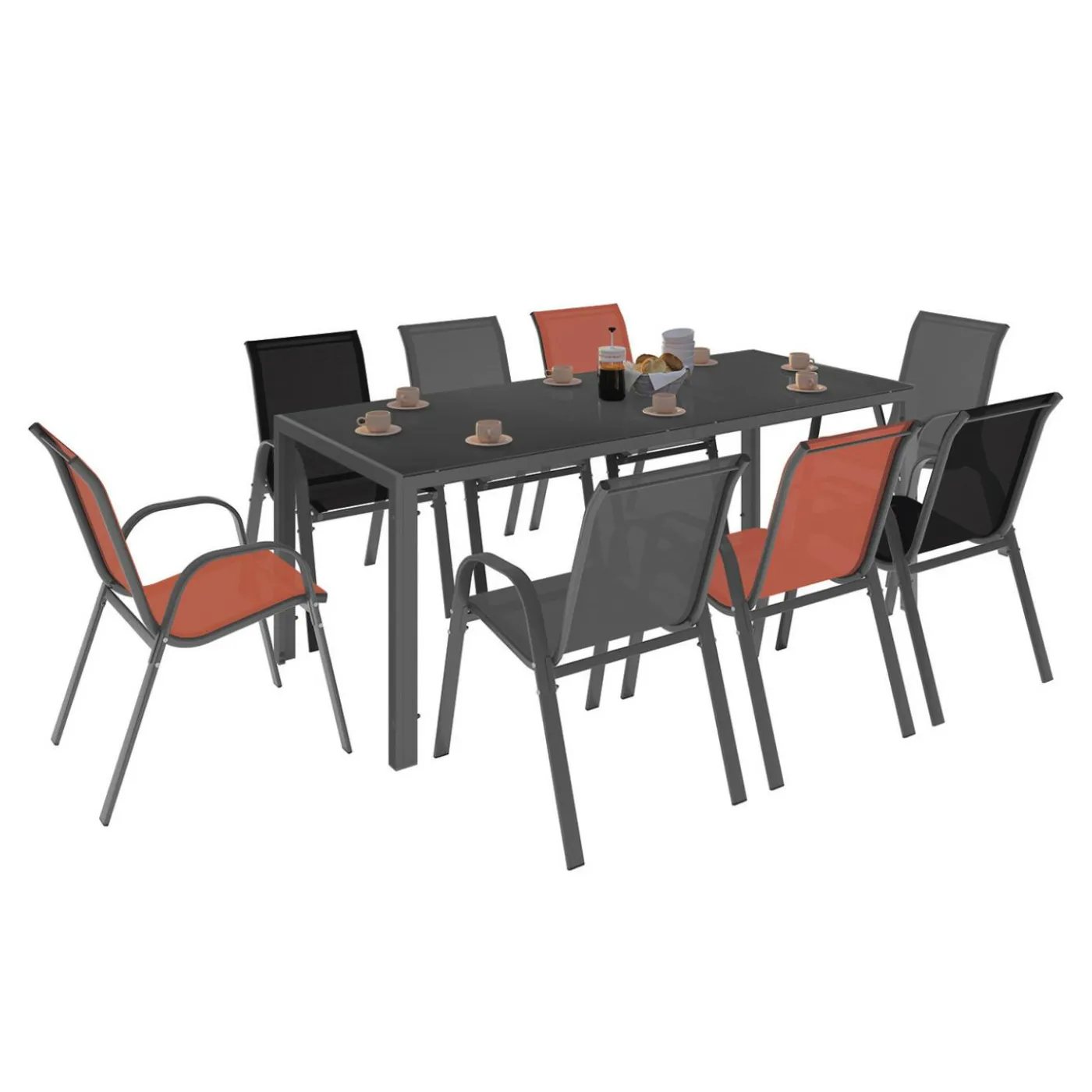 Salon de jardin 8 chaises empilables mix color gris, noir et terracotta et table 190 cm