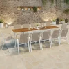 Salon de jardin extensible 12 personnes table 135/270 cm plateau effet bois et chaises empilables blanc et bois