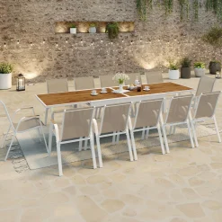 Salon de jardin extensible 12 personnes table 135/270 cm plateau effet bois et chaises empilables blanc et bois