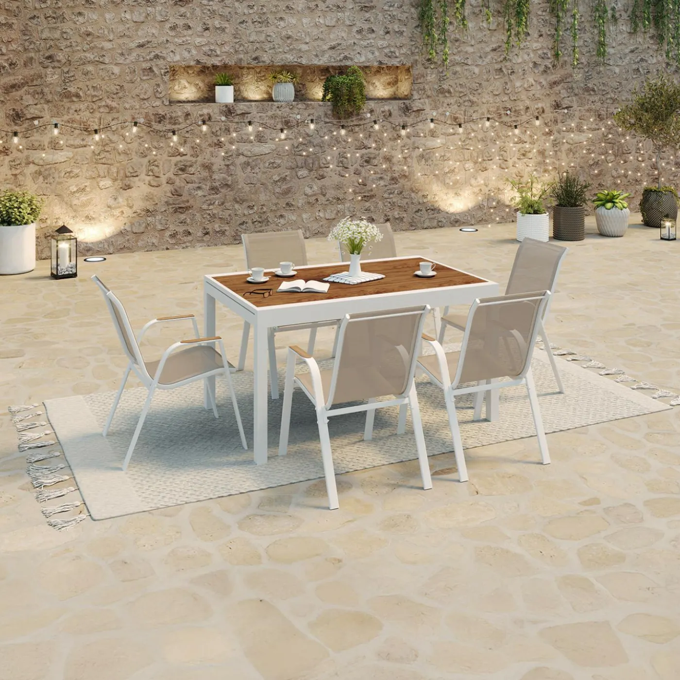 Salon de jardin extensible 12 personnes table 135/270 cm plateau effet bois et chaises empilables blanc et bois