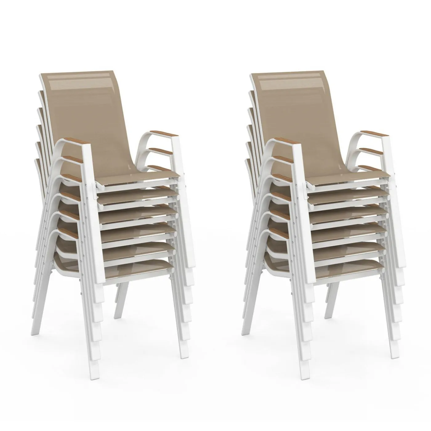 Salon de jardin extensible 12 personnes table 135/270 cm plateau effet bois et chaises empilables blanc et bois