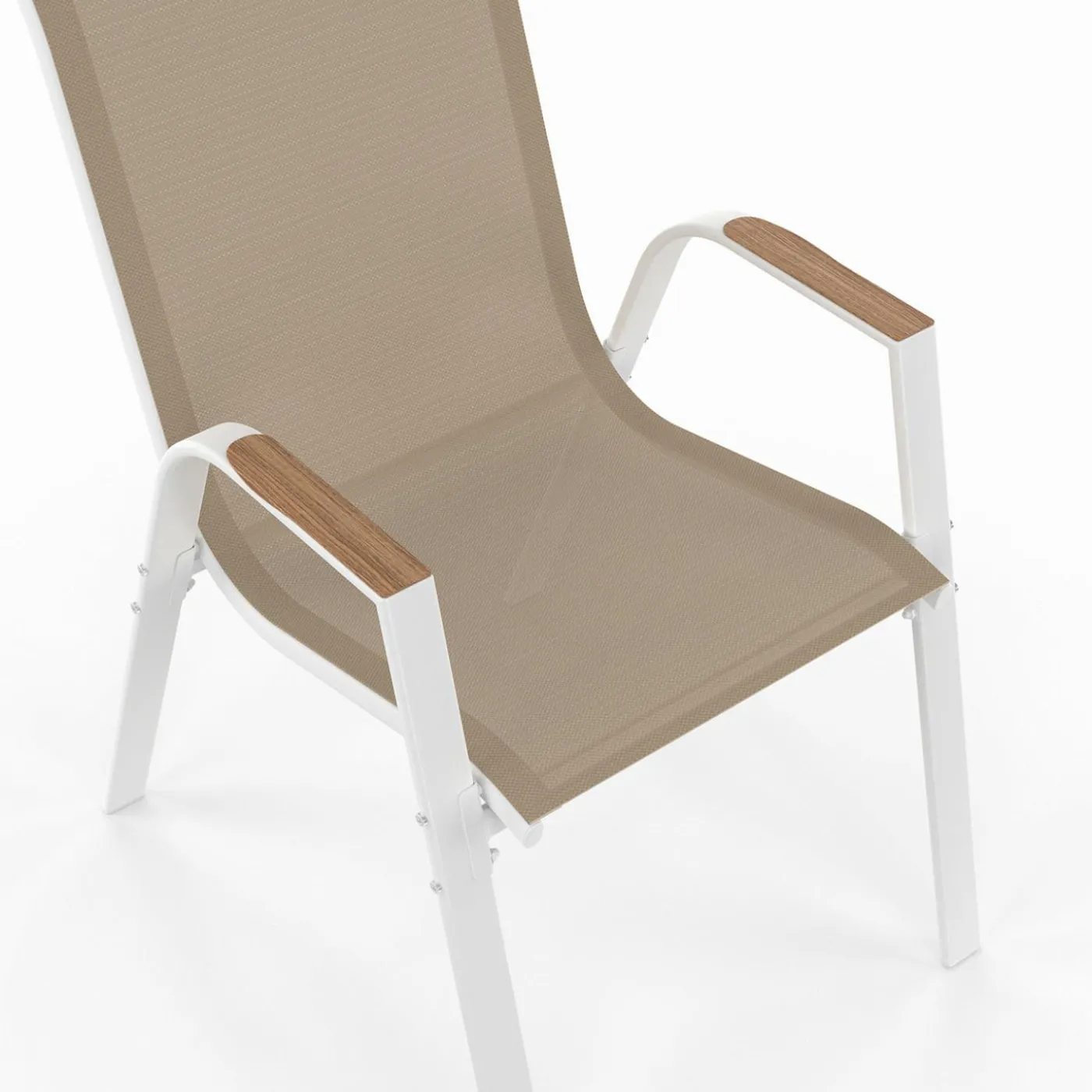 Salon de jardin extensible 12 personnes table 135/270 cm plateau effet bois et chaises empilables blanc et bois