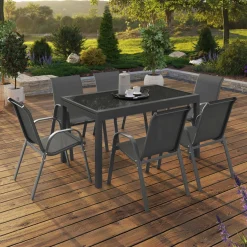 Salon de jardin gris anthracite avec table extensible et 12 chaises
