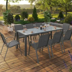 Salon de jardin gris anthracite table 190 cm et 8 chaises empilables