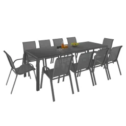 Salon de jardin gris avec chaises empilables 10 personnes