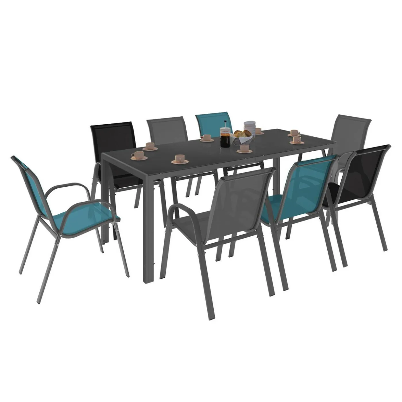 Salon de jardin mix color bleu, gris et noir table 190 cm et 8 chaises empilables