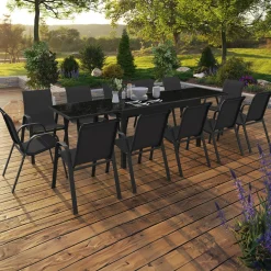 Salon de jardin noir avec table extensible et 12 chaises empilables