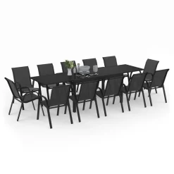 Salon de jardin noir avec table extensible et 12 chaises empilables