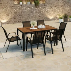 Salon de jardin noir et bois avec table 150 cm plateau verre trempé effet bois et 6 chaises empilables