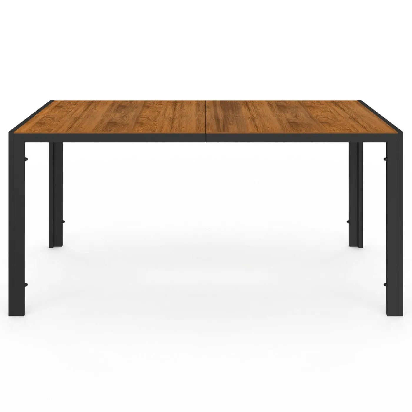 Salon de jardin noir et bois avec table 150 cm plateau verre trempé effet bois et 6 chaises empilables