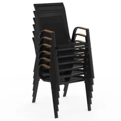 Salon de jardin noir et bois avec table 150 cm plateau verre trempé effet bois et 6 chaises empilables