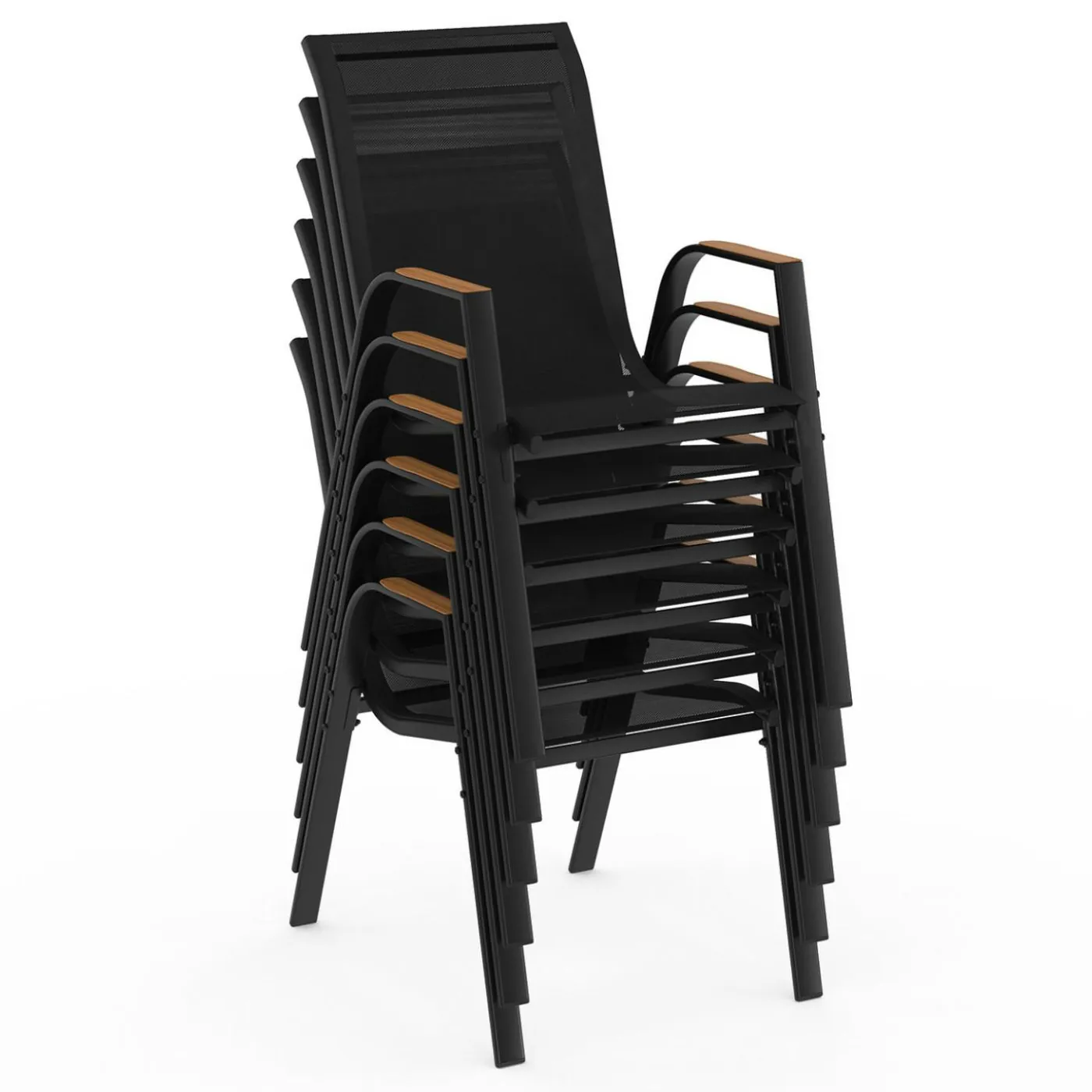Salon de jardin noir et bois avec table 150 cm plateau verre trempé effet bois et 6 chaises empilables