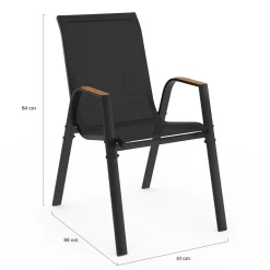 Salon de jardin noir et bois avec table 150 cm plateau verre trempé effet bois et 6 chaises empilables