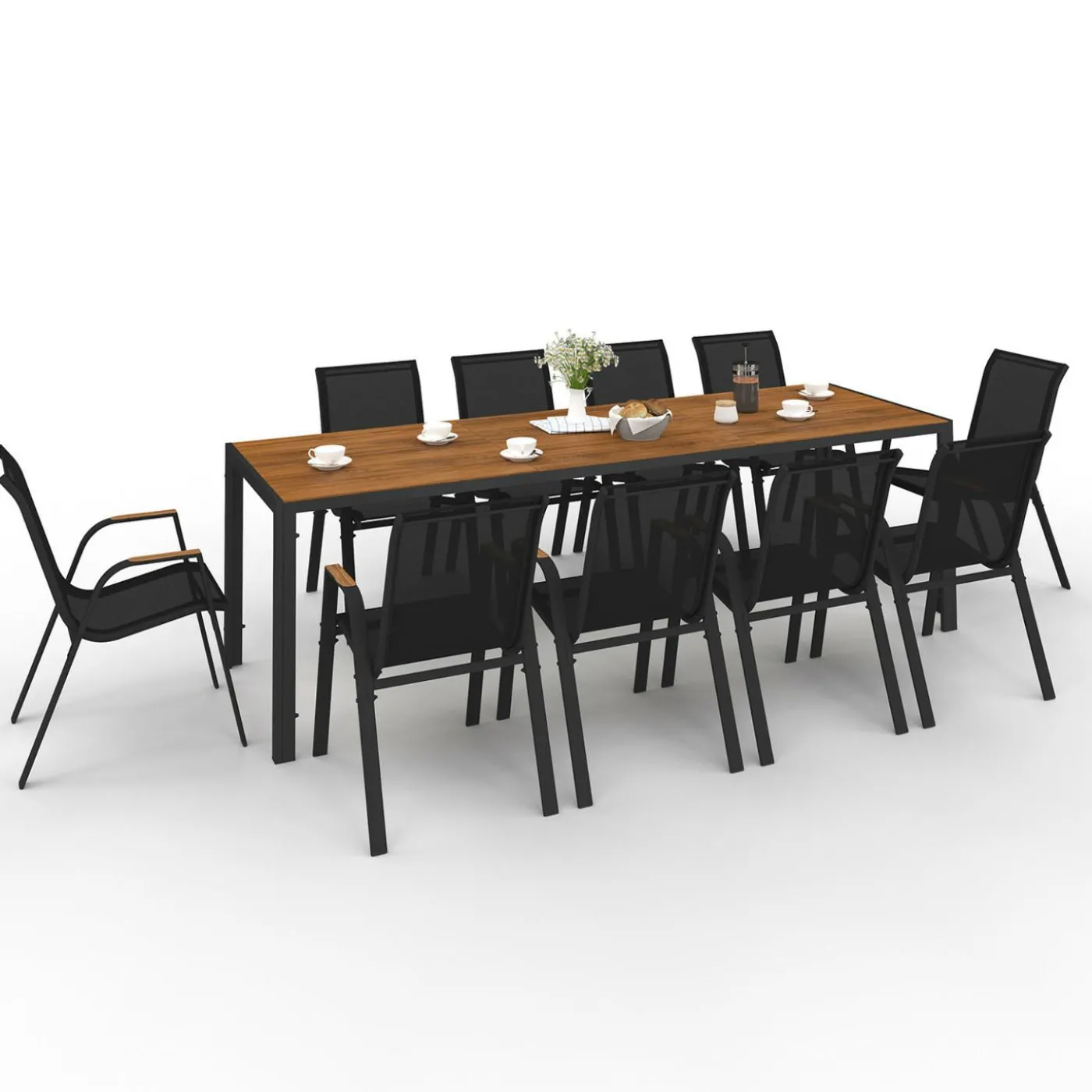 Salon de jardin noir et bois table de jardin 240 cm avec 10 chaises empilables