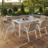 Salon de jardin 6 personnes chaises empilables blanc et beige table 150 cm