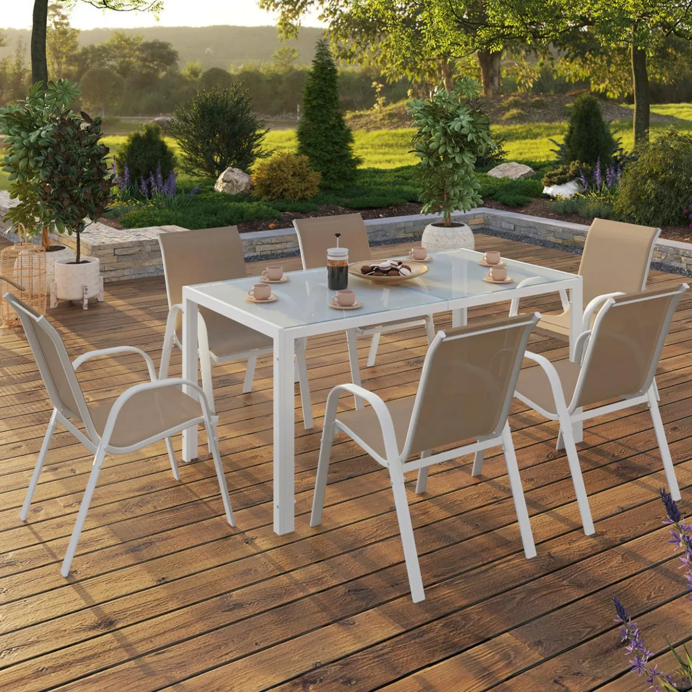Salon de jardin 6 personnes chaises empilables blanc et beige table 150 cm