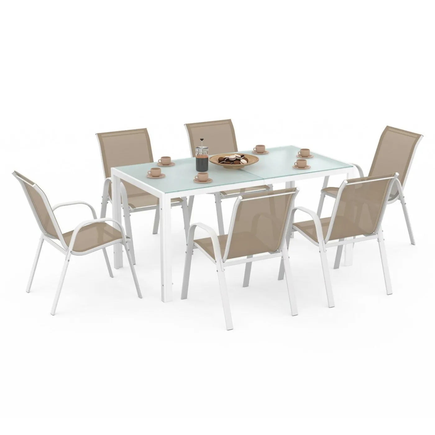Salon de jardin 6 personnes chaises empilables blanc et beige table 150 cm