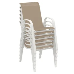 Salon de jardin 6 personnes chaises empilables blanc et beige table 150 cm