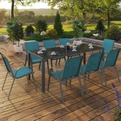 Salon de jardin table 190 cm et 8 chaises empilables bleu canard