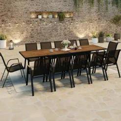 Salon de jardin table extensible avec plateau verre trempé effet bois et chaises empilables