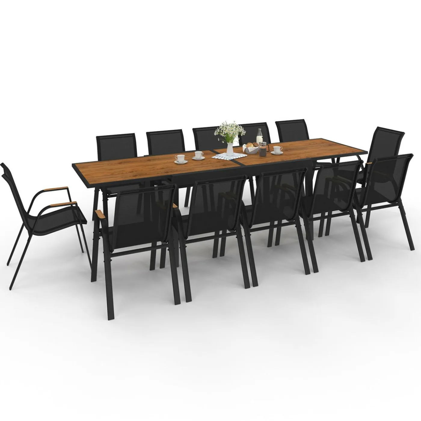 Salon de jardin table extensible avec plateau verre trempé effet bois et chaises empilables