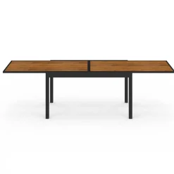 Salon de jardin table extensible avec plateau verre trempé effet bois et chaises empilables