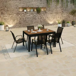 Salon de jardin table extensible avec plateau verre trempé effet bois et chaises empilables