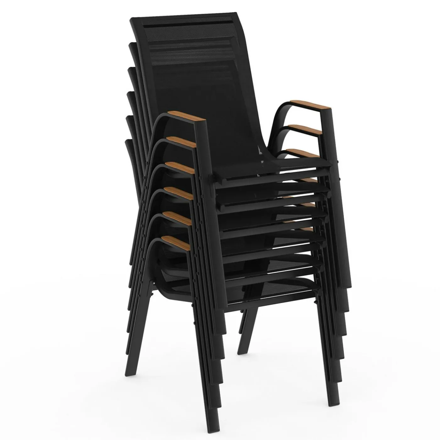 Salon de jardin table extensible avec plateau verre trempé effet bois et chaises empilables