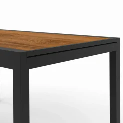 Salon de jardin table extensible avec plateau verre trempé effet bois et chaises empilables
