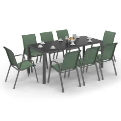 Salon de jardin vert olive avec table 190 cm et 8 chaises empilables