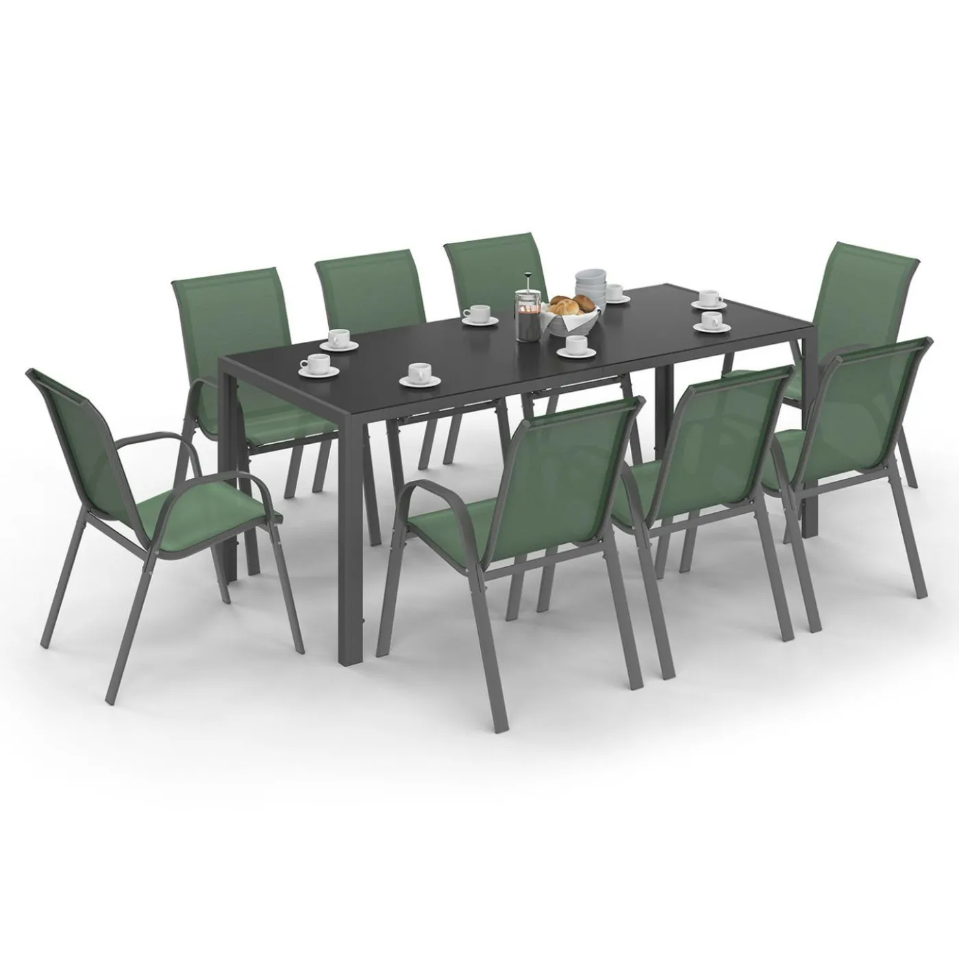 Salon de jardin vert olive avec table 190 cm et 8 chaises empilables