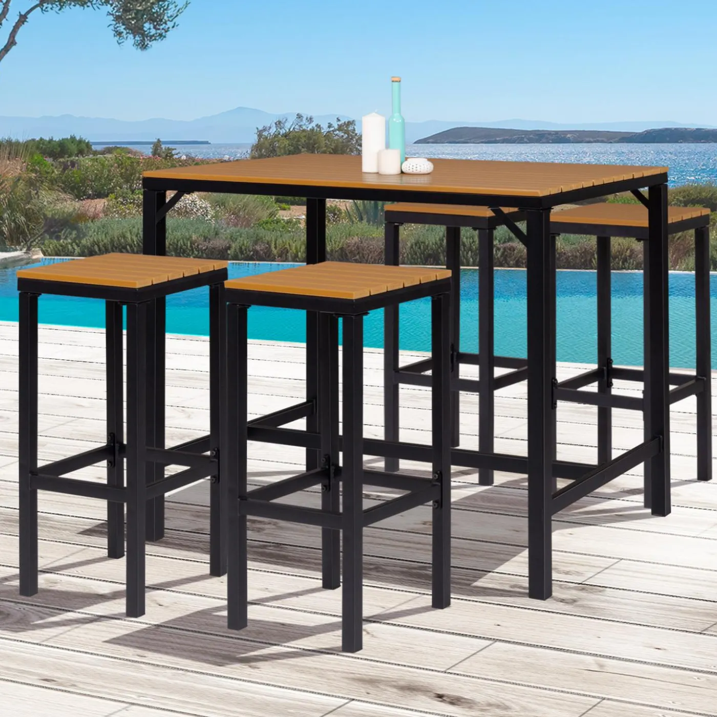 Salon haut de jardin bar d'exterieur design industriel effet bois et noir