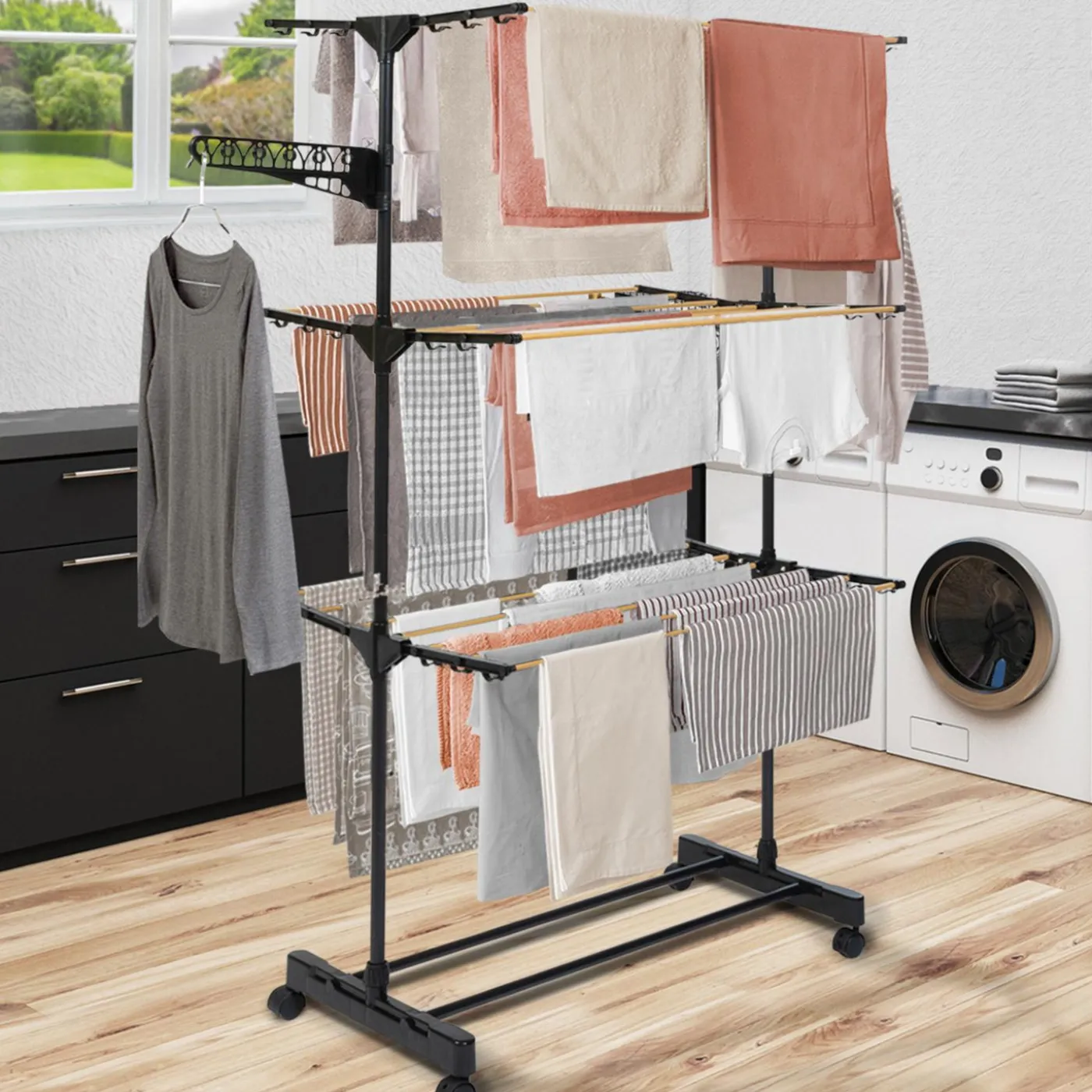 Séchoir à linge couleur noir et aspect bois