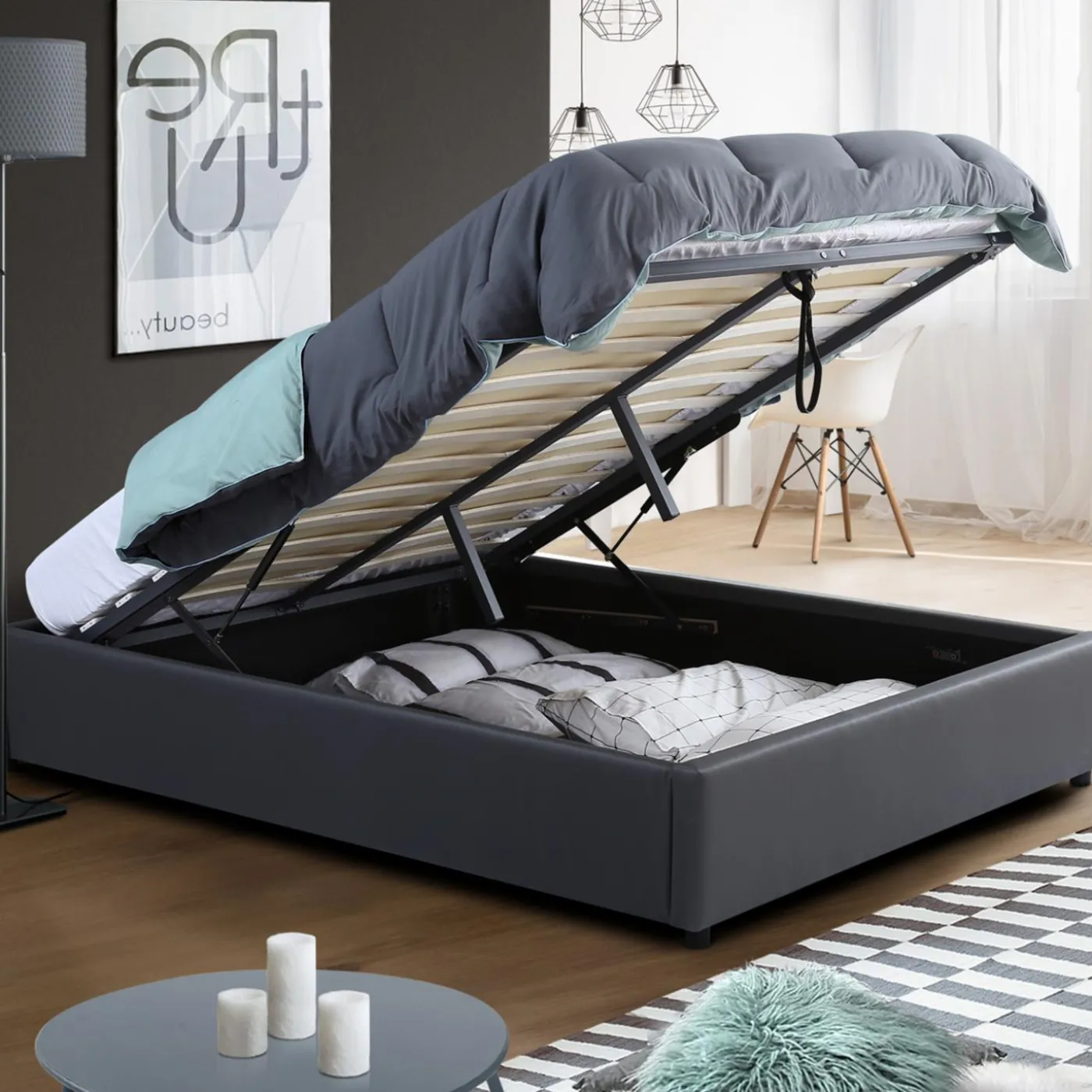 Sommier coffre de rangement 140x190 cm gris