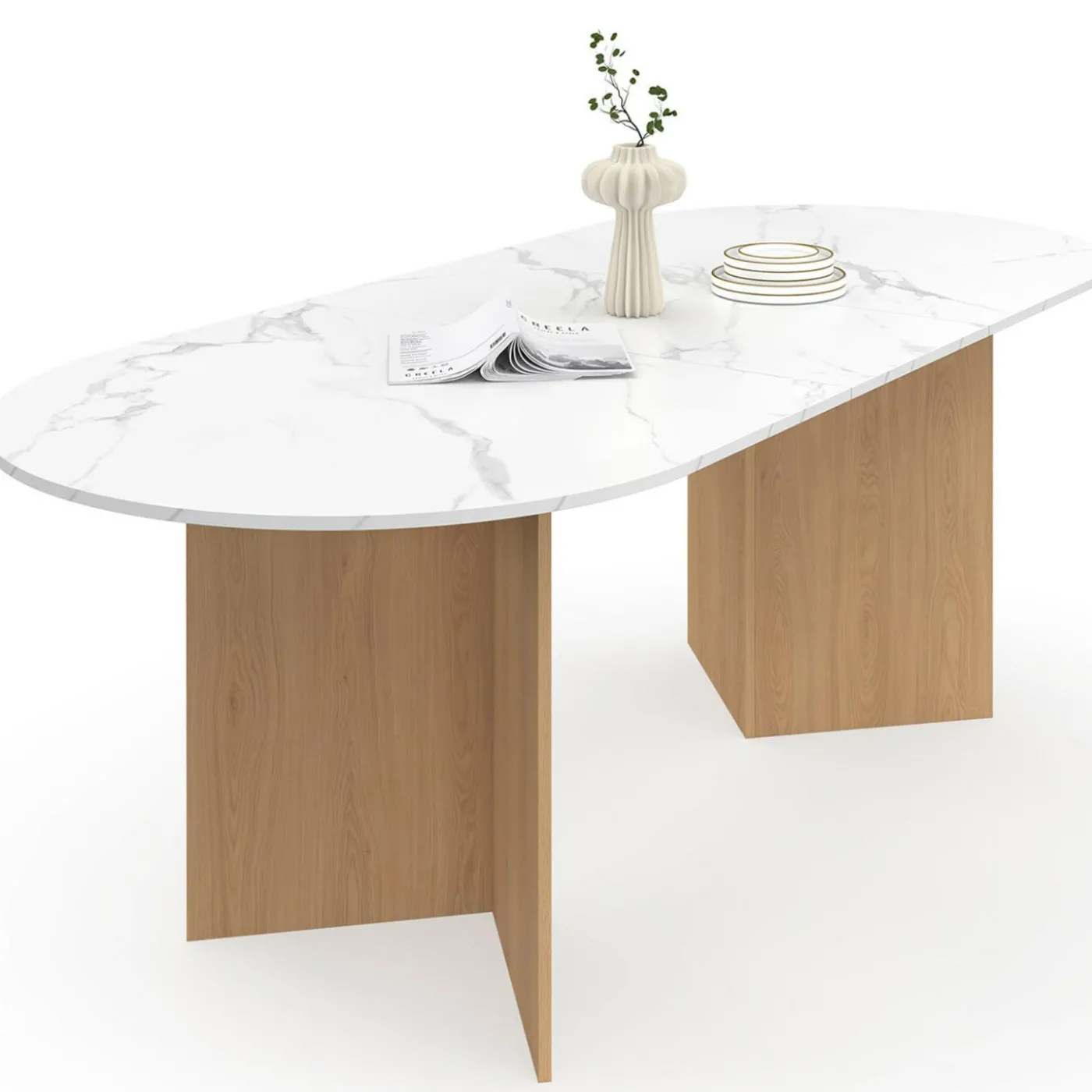 Table à manger extensible ovale MARTHE 6 -10 personnes plateau marbre blanc ALASKA et bois façon hêtre 160-200 cm