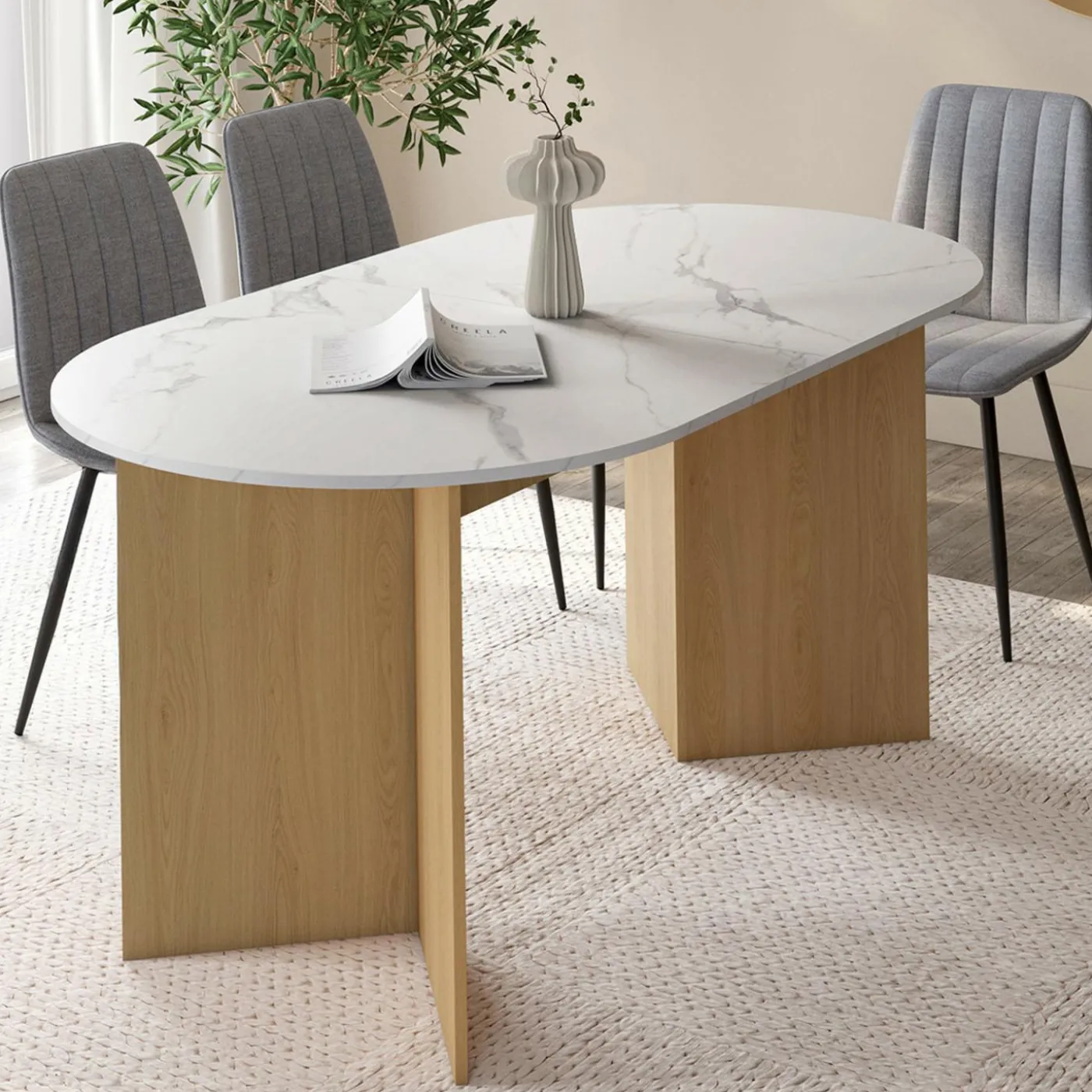 Table à manger extensible ovale MARTHE 6 -10 personnes plateau marbre blanc ALASKA et bois façon hêtre 160-200 cm