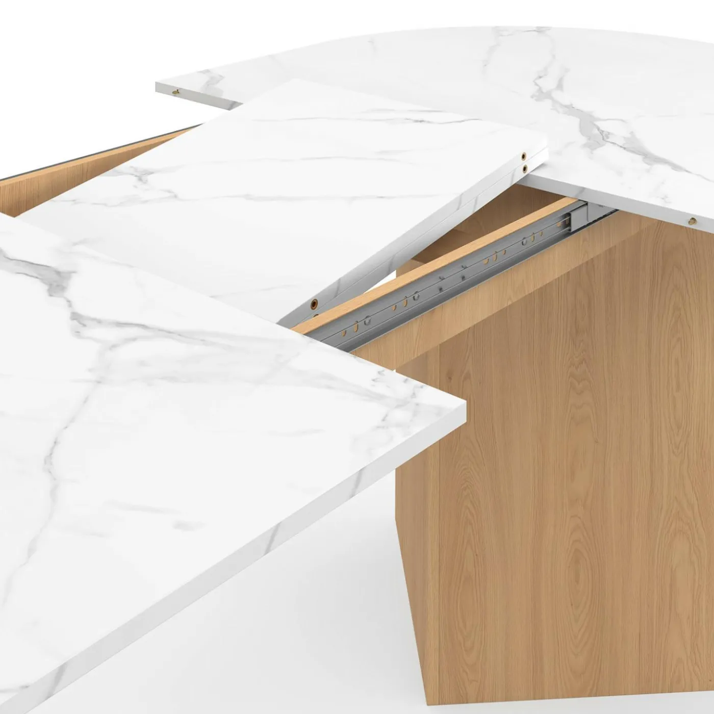 Table à manger extensible ovale MARTHE 6 -10 personnes plateau marbre blanc ALASKA et bois façon hêtre 160-200 cm