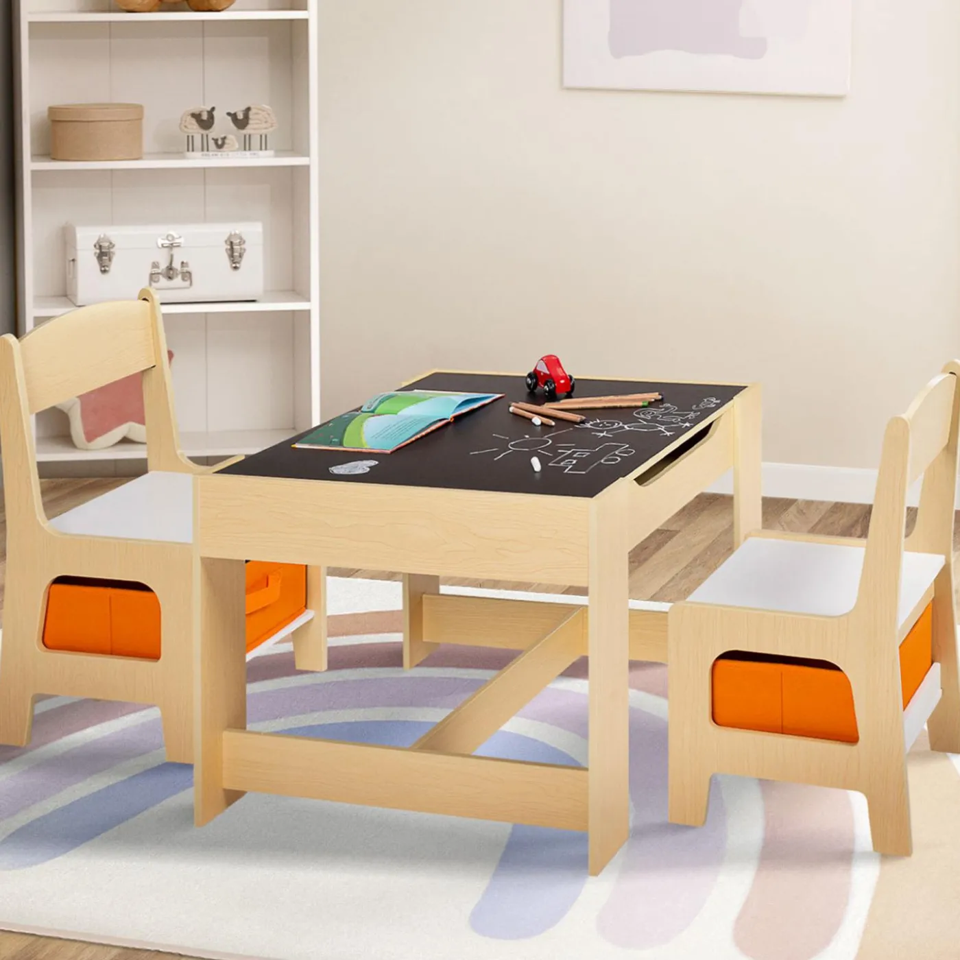 Table à dessin réversible pour enfant avec 2 chaises et bacs de rangement