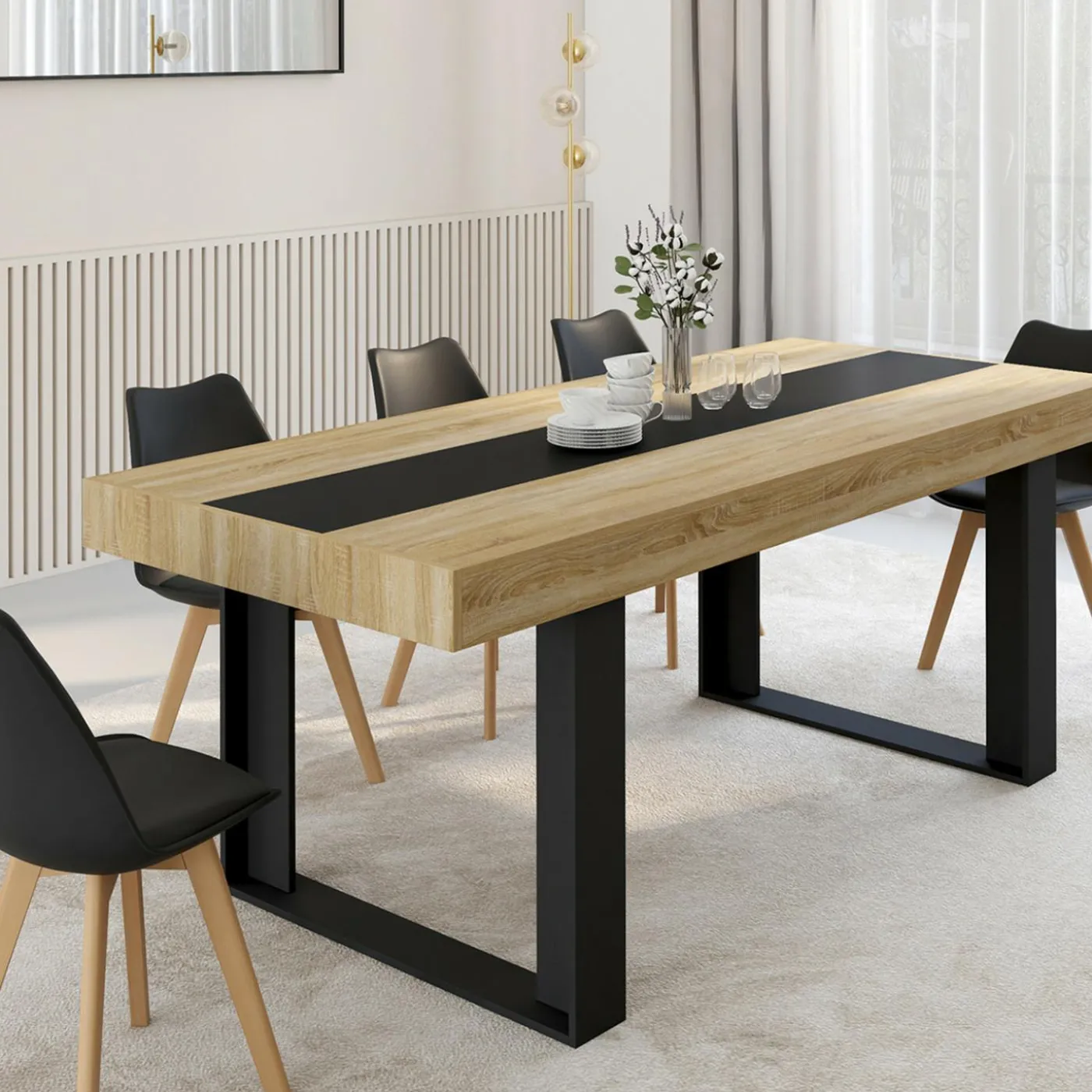 Table à manger 10 personnes en bois avec bande centrale noire