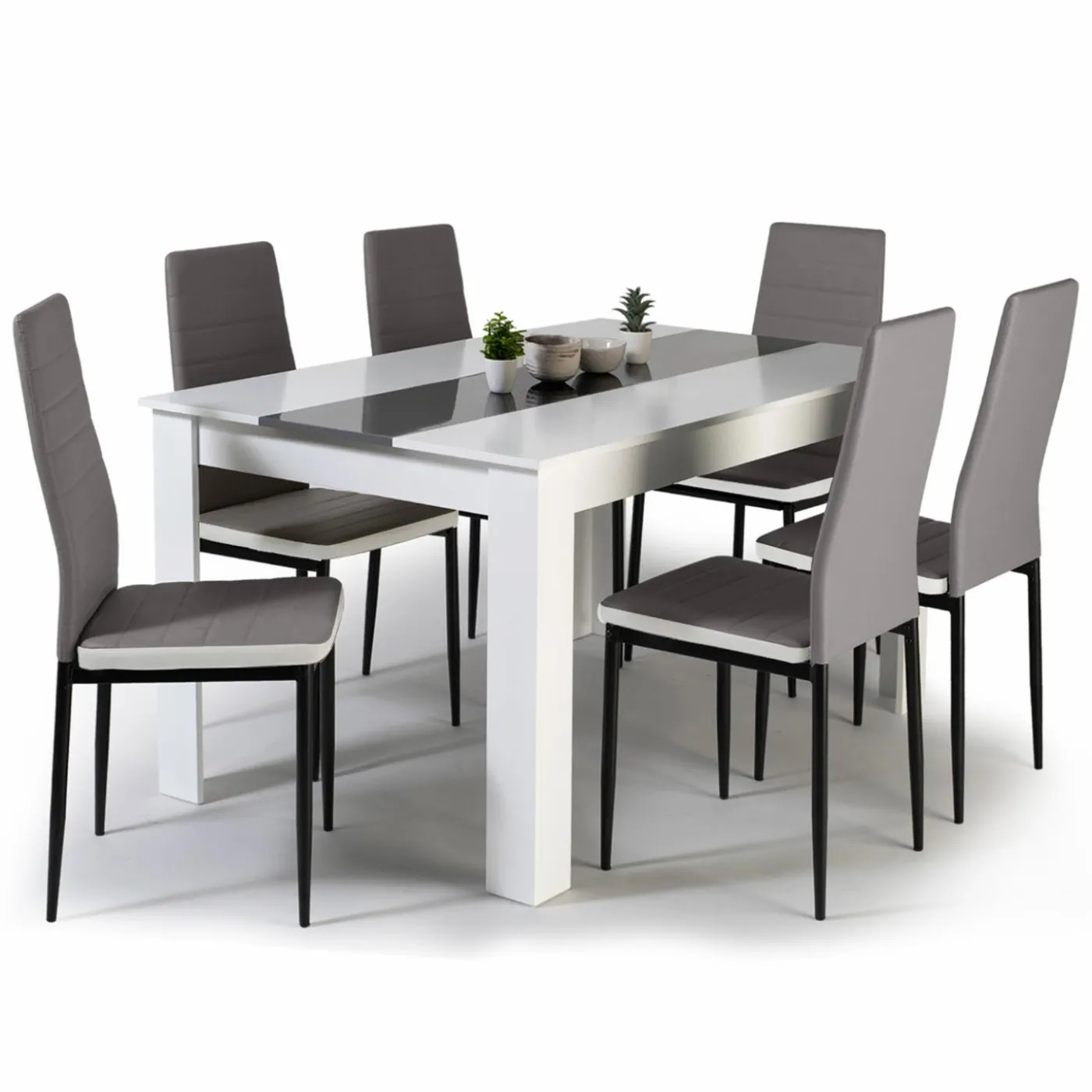 Table à manger blanche et grise 140 cm avec 6 chaises grises liseré blanc