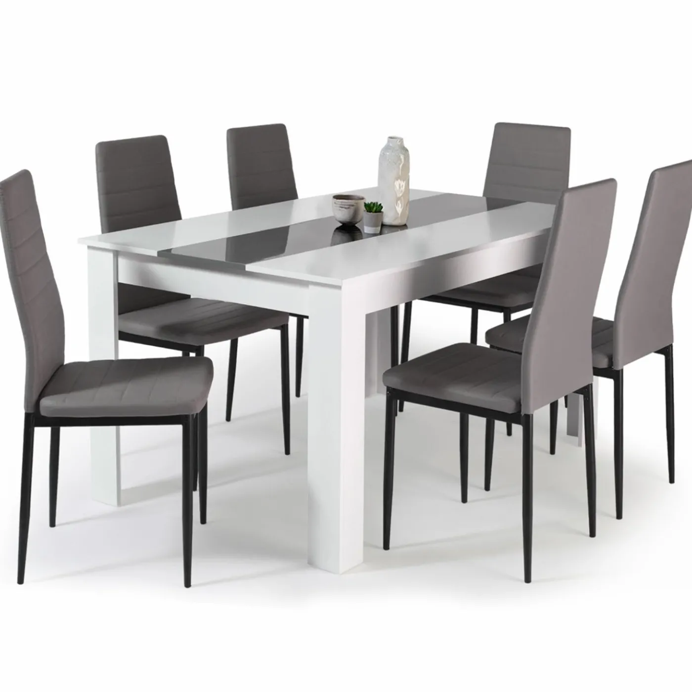 Table à manger blanche et grise 140 cm avec 6 chaises grises