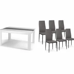 Table à manger blanche et grise 140 cm avec 6 chaises grises