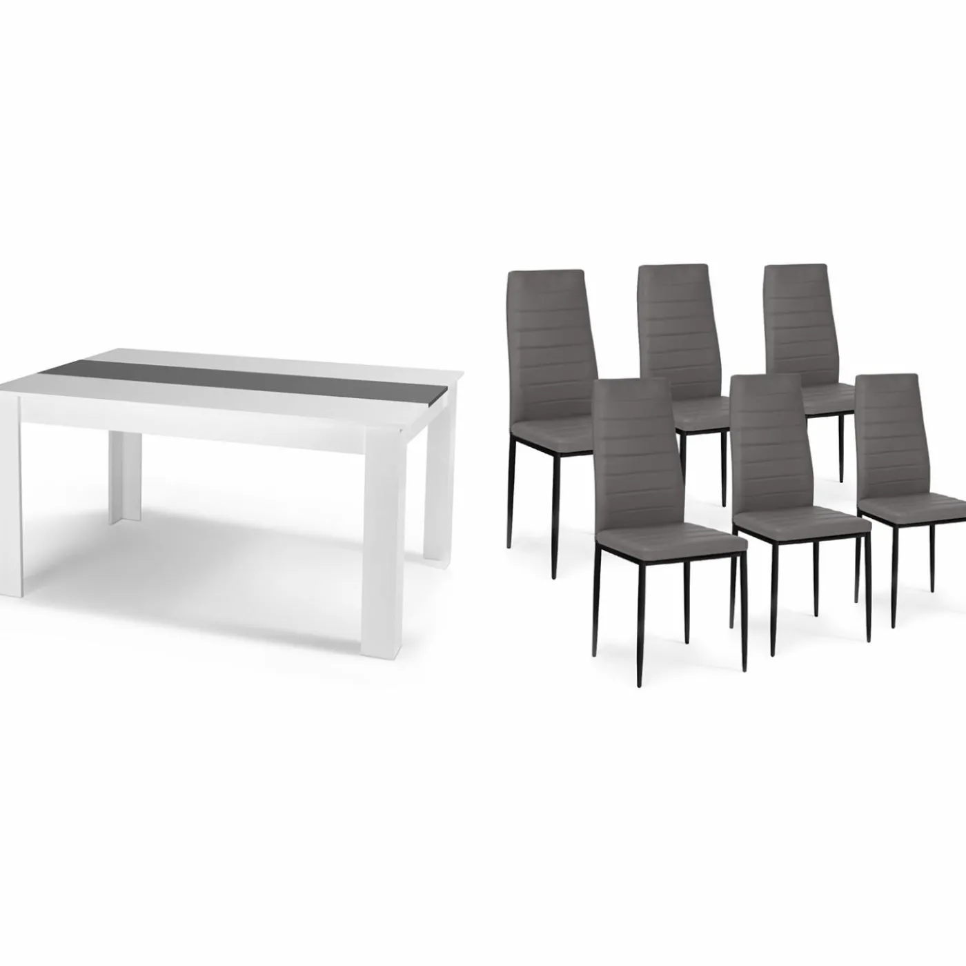 Table à manger blanche et grise 140 cm avec 6 chaises grises